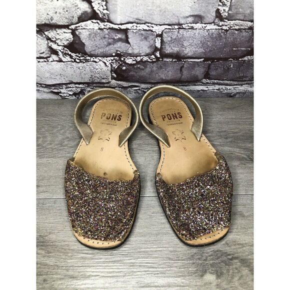 Pons Glitter Leather Casual Peep Toe Slingback Flats Sandals Women Sz 8M US/39EU - Picture 13 of 14